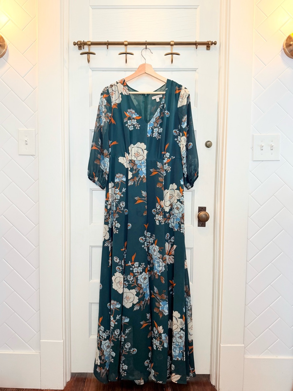 Eva mendes for New York & Company Teal Floral Maxi Dress with Puff Sleeves